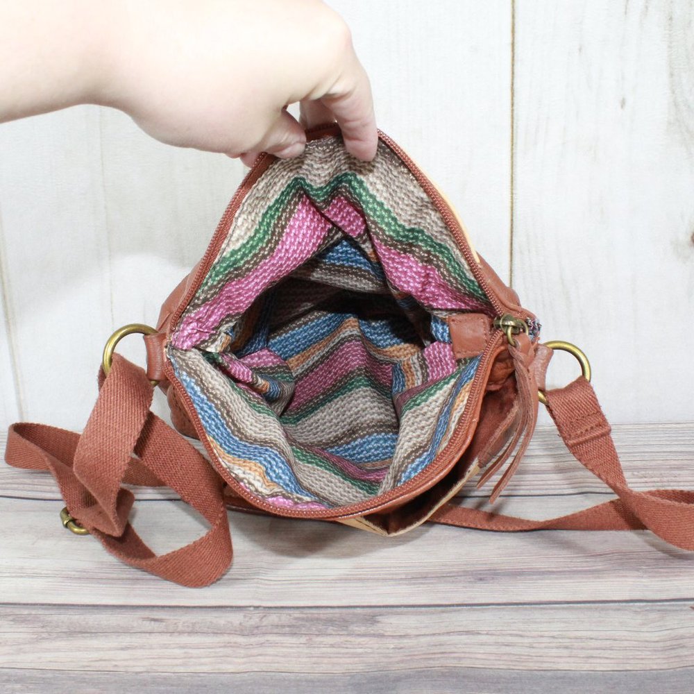 The Sak Brown Colorblock Snakeskin Leather Slouch Boho Crossbody Shoulder Bag - Picture 6 of 12